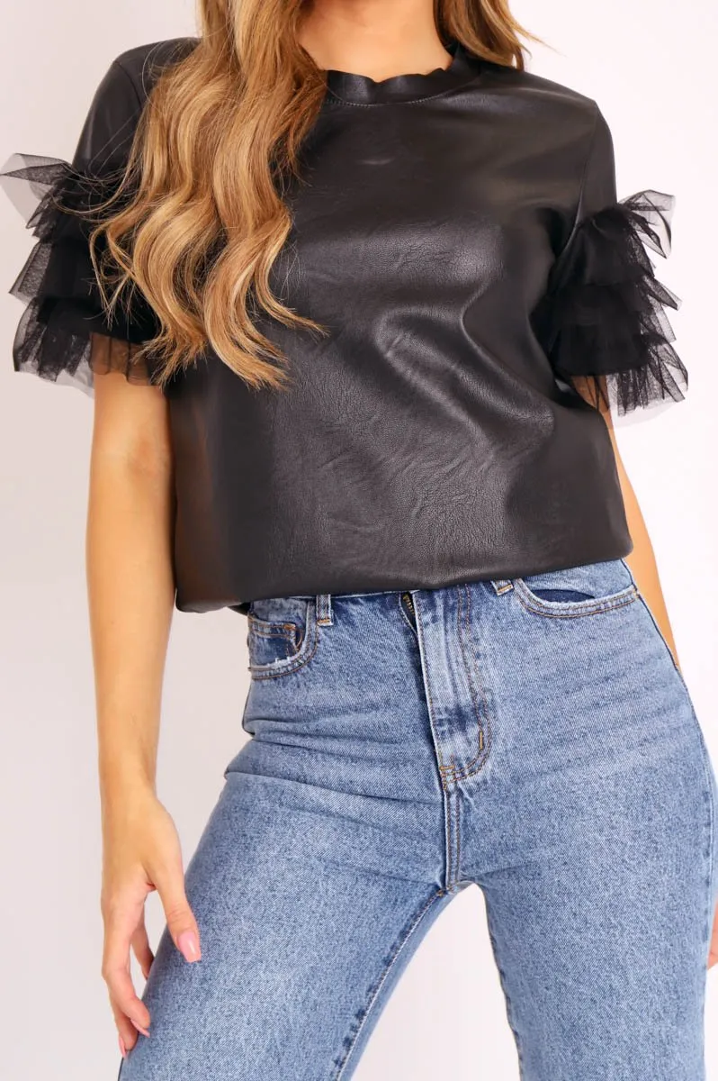 Black Faux Leather Organza Frill T-shirt - Maegan