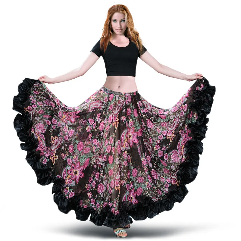 Black Floral Belly Dance Chiffon Gypsy Flamenco Skirt