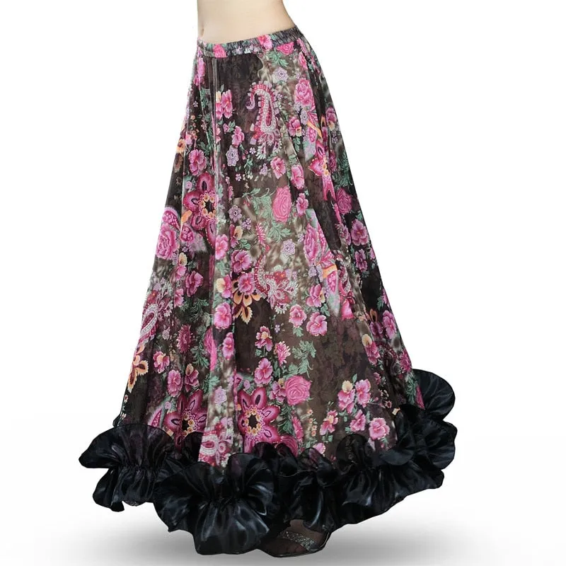 Black Floral Belly Dance Chiffon Gypsy Flamenco Skirt