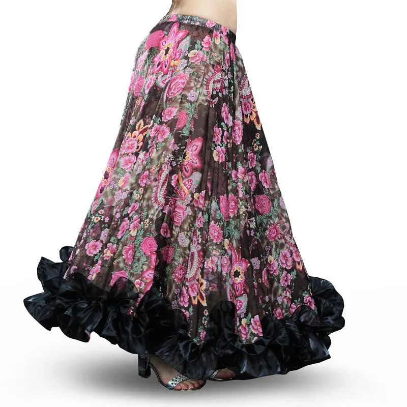 Black Floral Belly Dance Chiffon Gypsy Flamenco Skirt