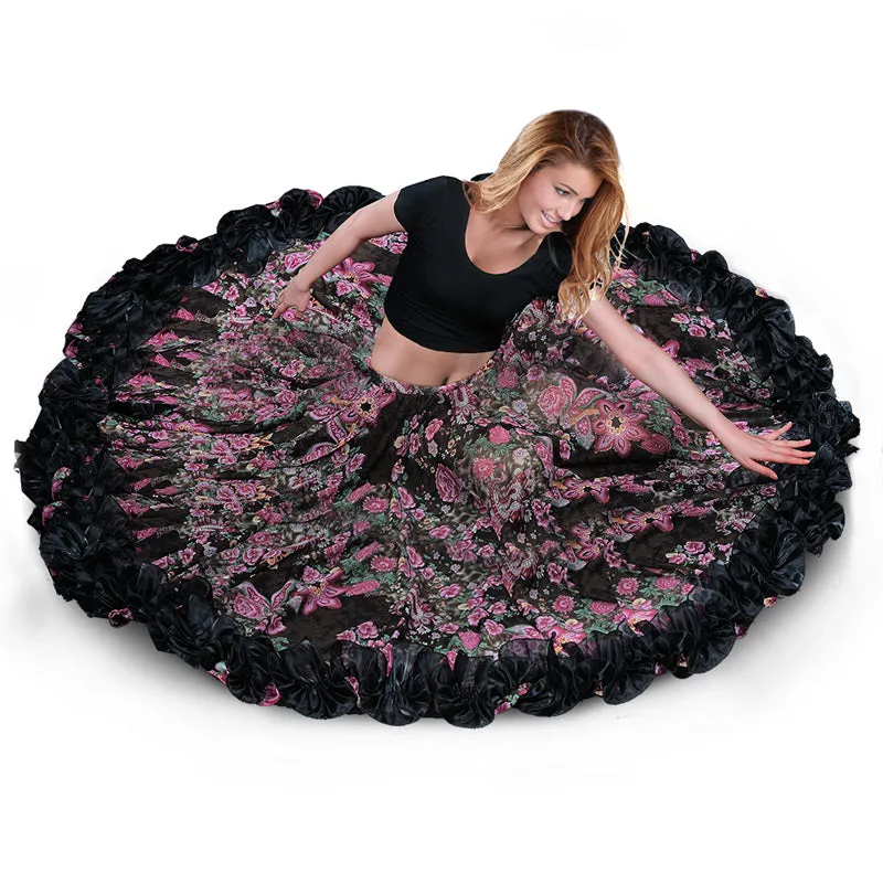 Black Floral Belly Dance Chiffon Gypsy Flamenco Skirt