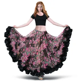 Black Floral Belly Dance Chiffon Gypsy Flamenco Skirt