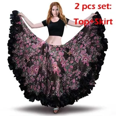 Black Floral Belly Dance Chiffon Gypsy Flamenco Skirt
