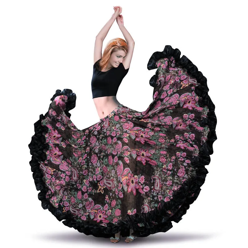 Black Floral Belly Dance Chiffon Gypsy Flamenco Skirt