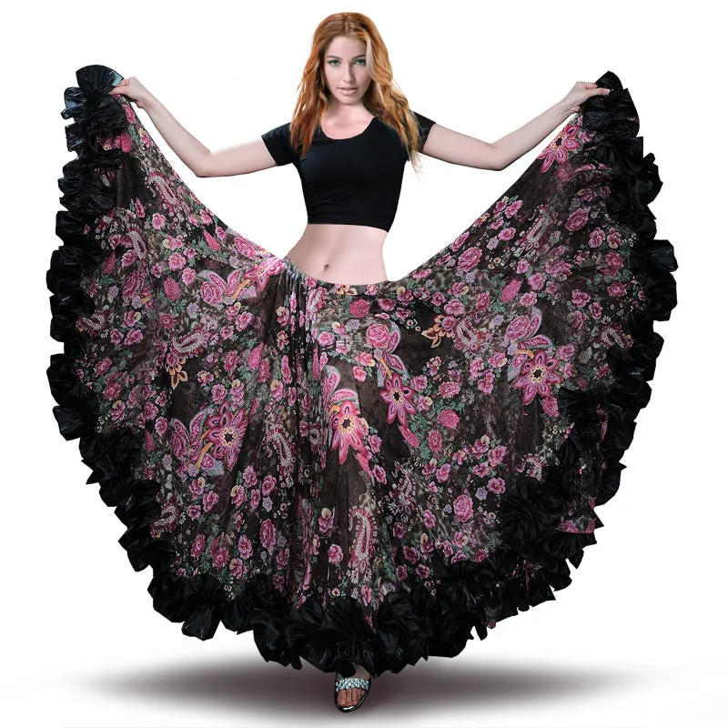 Black Floral Belly Dance Chiffon Gypsy Flamenco Skirt