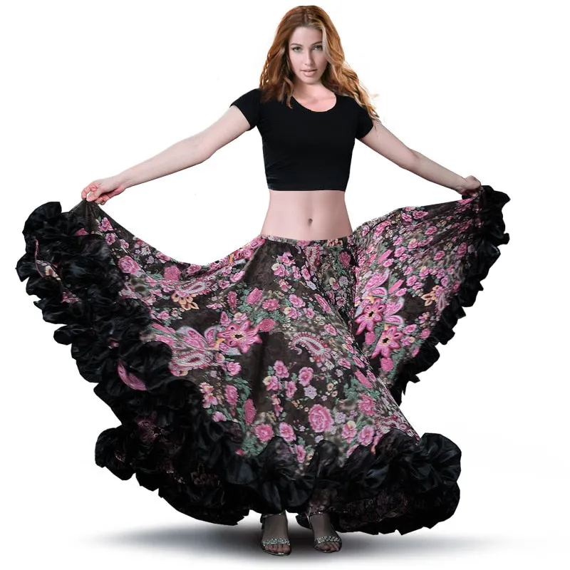Black Floral Belly Dance Chiffon Gypsy Flamenco Skirt