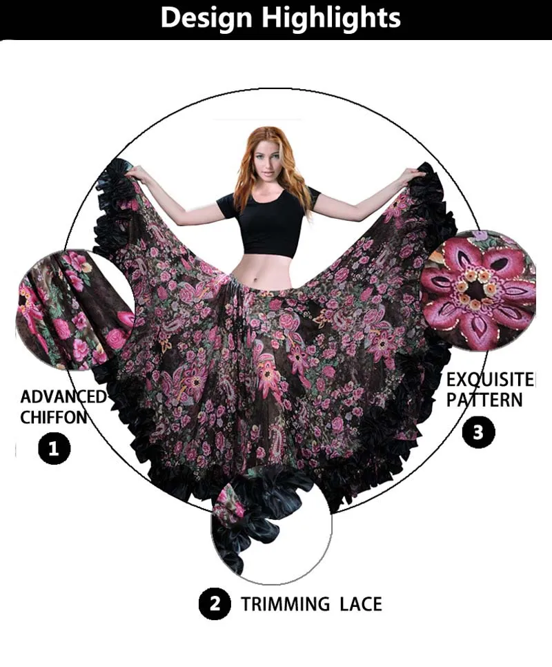 Black Floral Belly Dance Chiffon Gypsy Flamenco Skirt