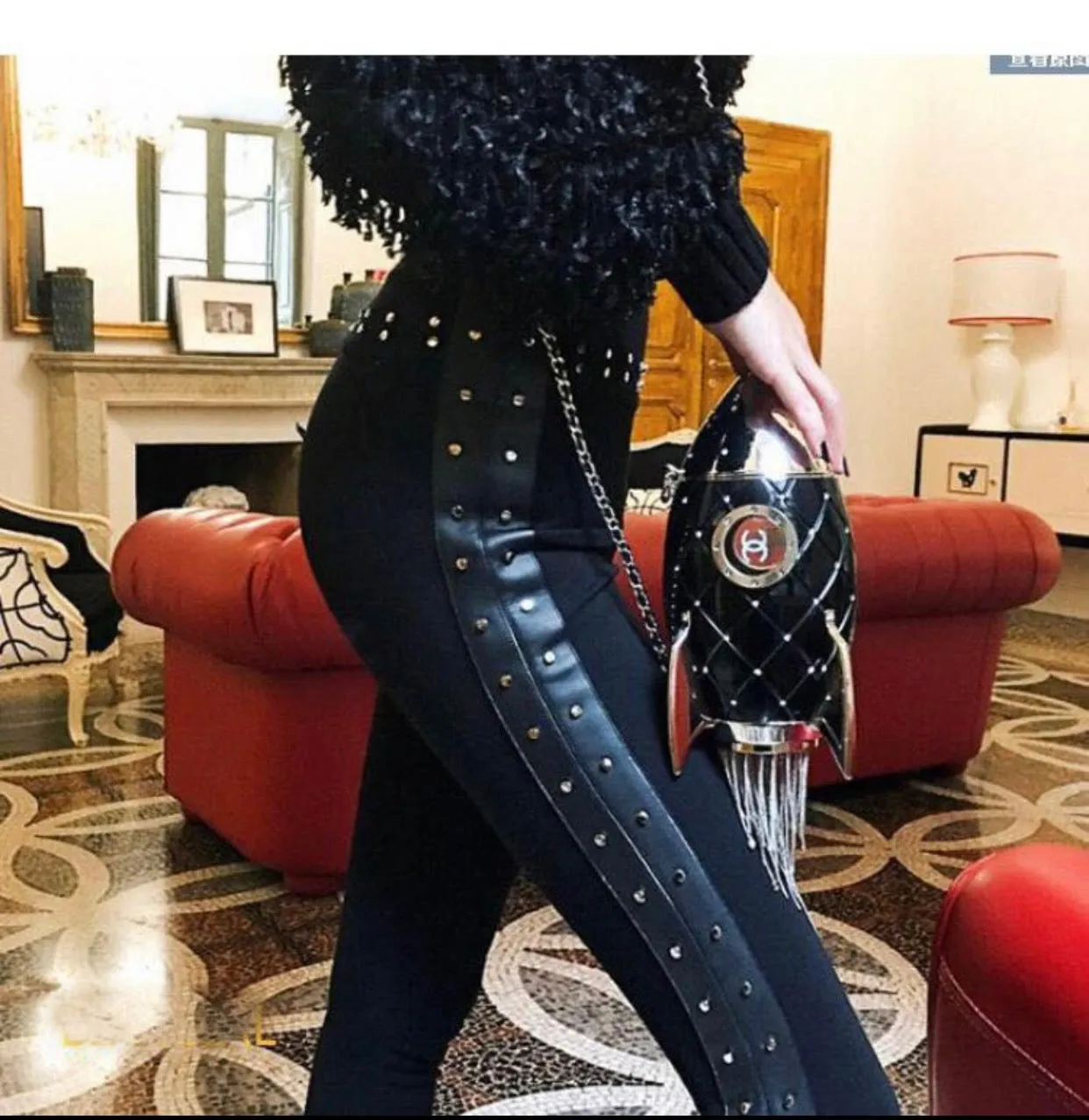 Black high waist luxury trousers with faux leather & stud  side stripe embellishment