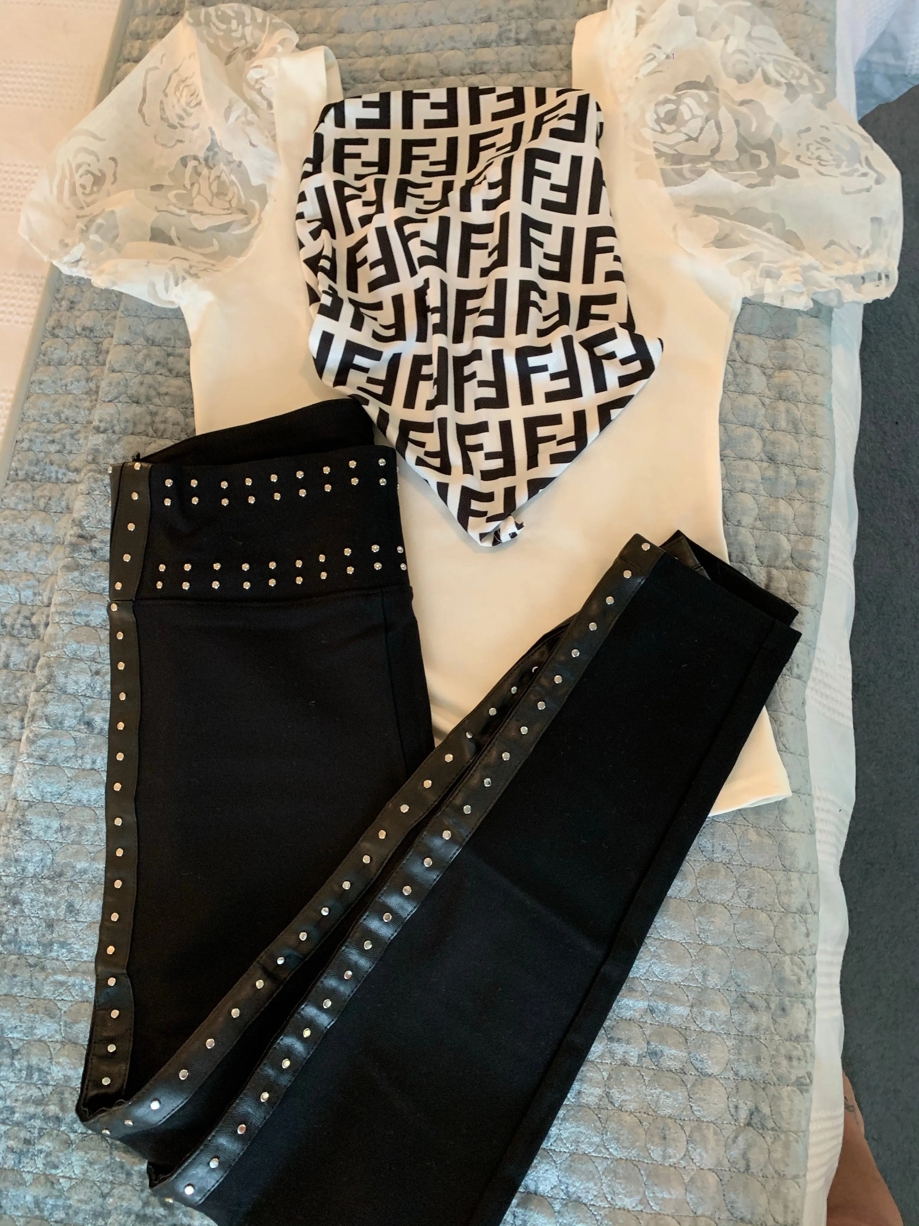 Black high waist luxury trousers with faux leather & stud  side stripe embellishment