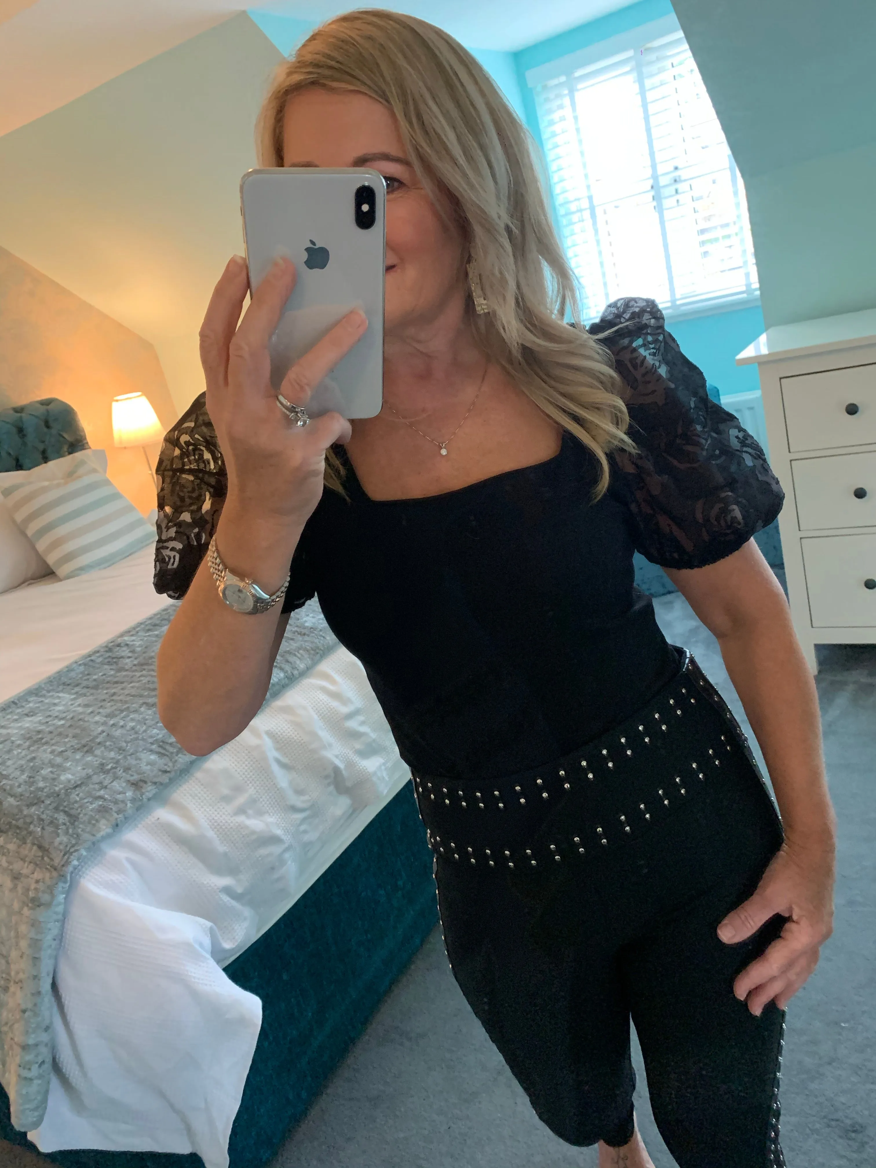 Black high waist luxury trousers with faux leather & stud  side stripe embellishment