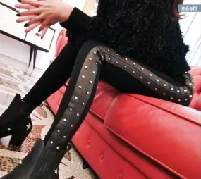 Black high waist luxury trousers with faux leather & stud  side stripe embellishment