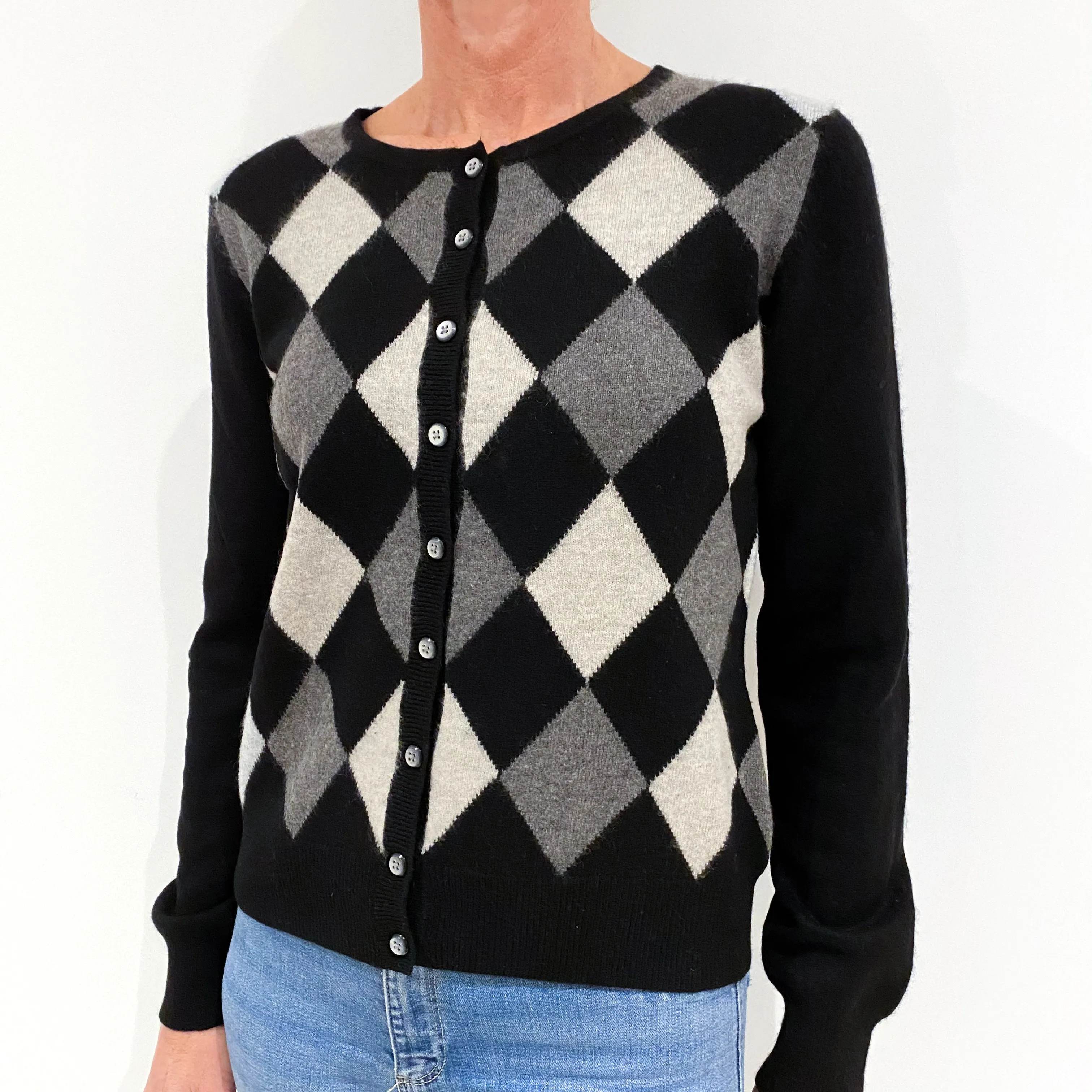 Black/Grey Cashmere Crew Neck Cardigan Small