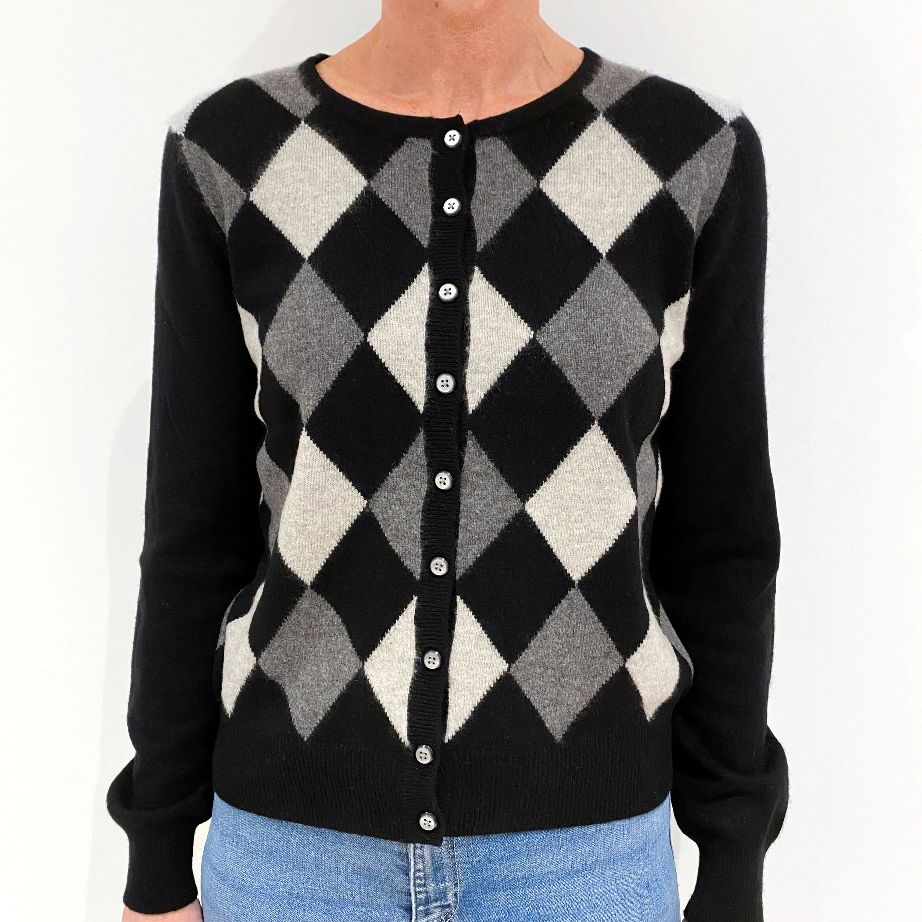 Black/Grey Cashmere Crew Neck Cardigan Small