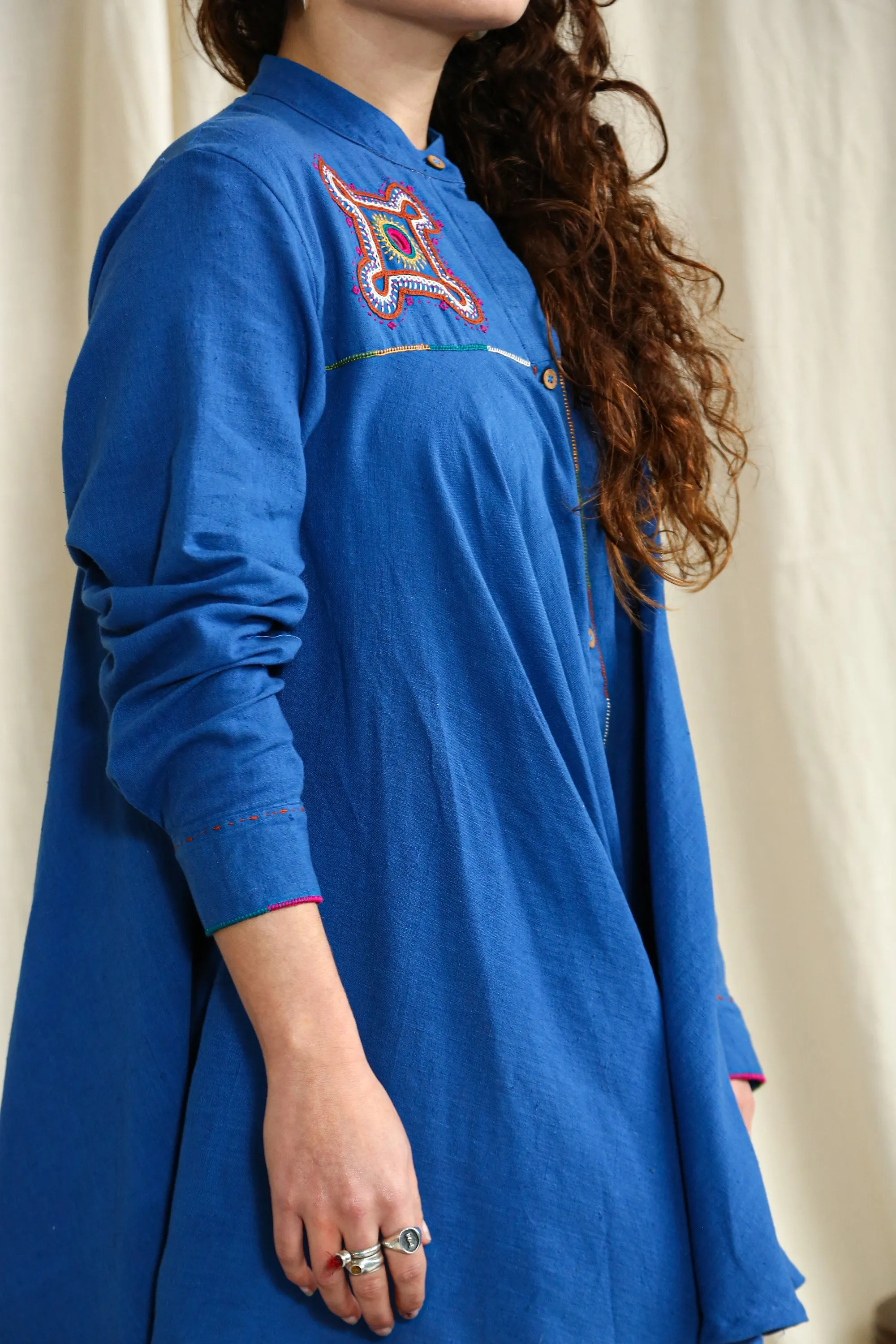 Blue Shirt Dress with Dhebariya Rabari Embroidery