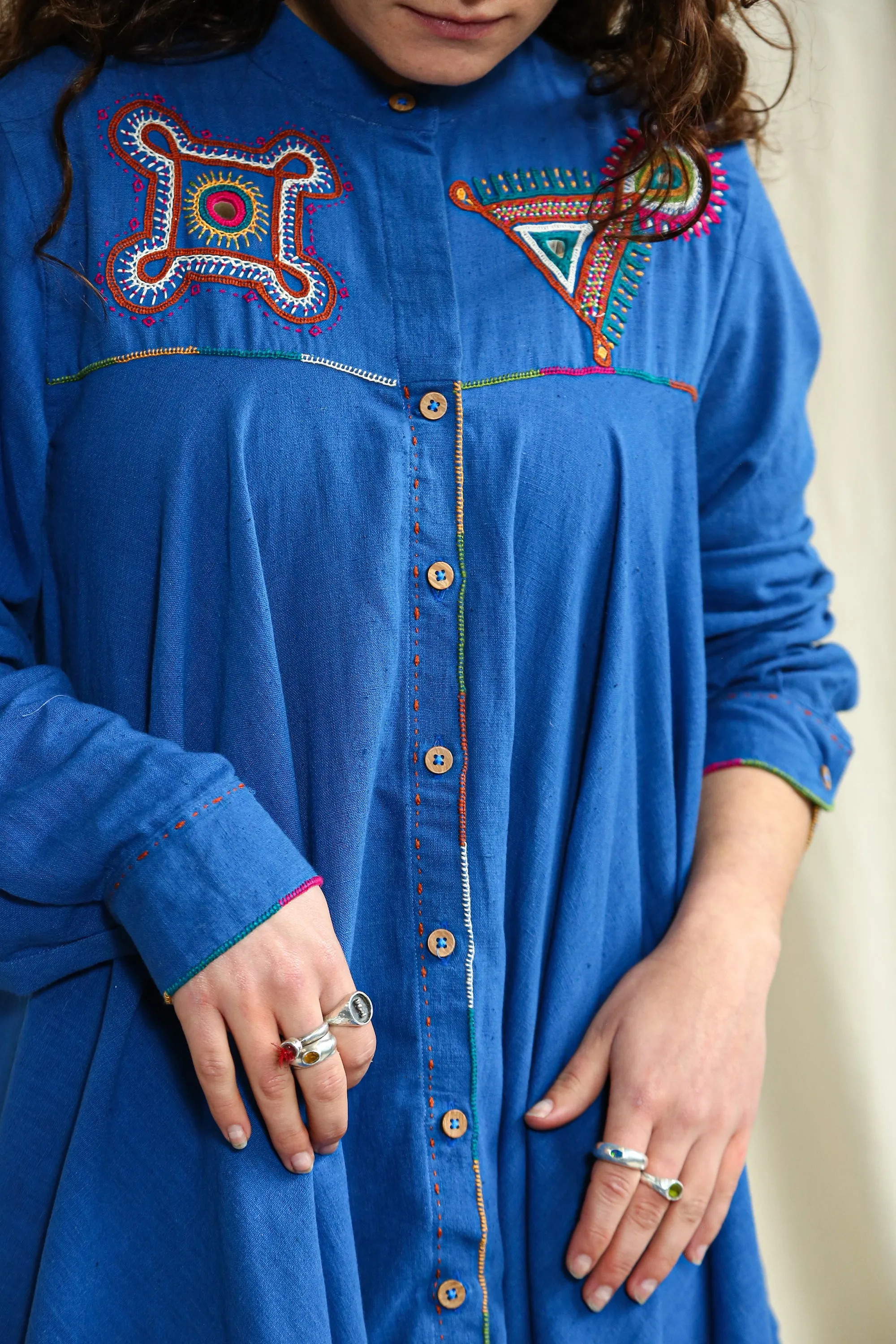 Blue Shirt Dress with Dhebariya Rabari Embroidery
