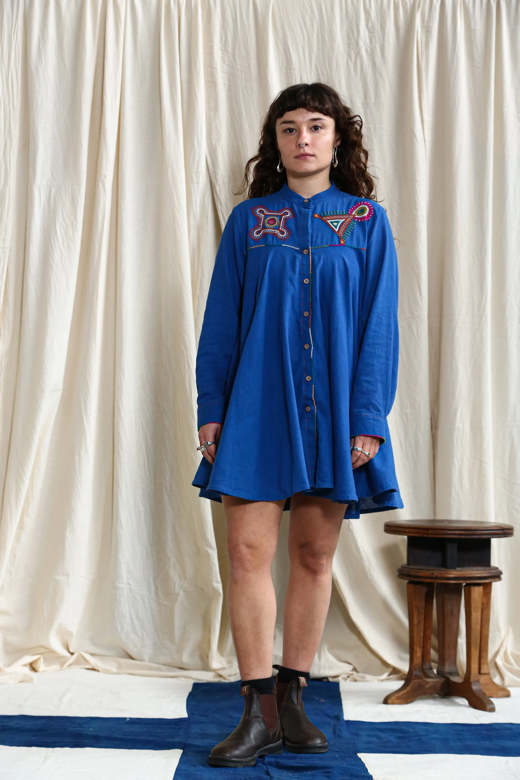 Blue Shirt Dress with Dhebariya Rabari Embroidery
