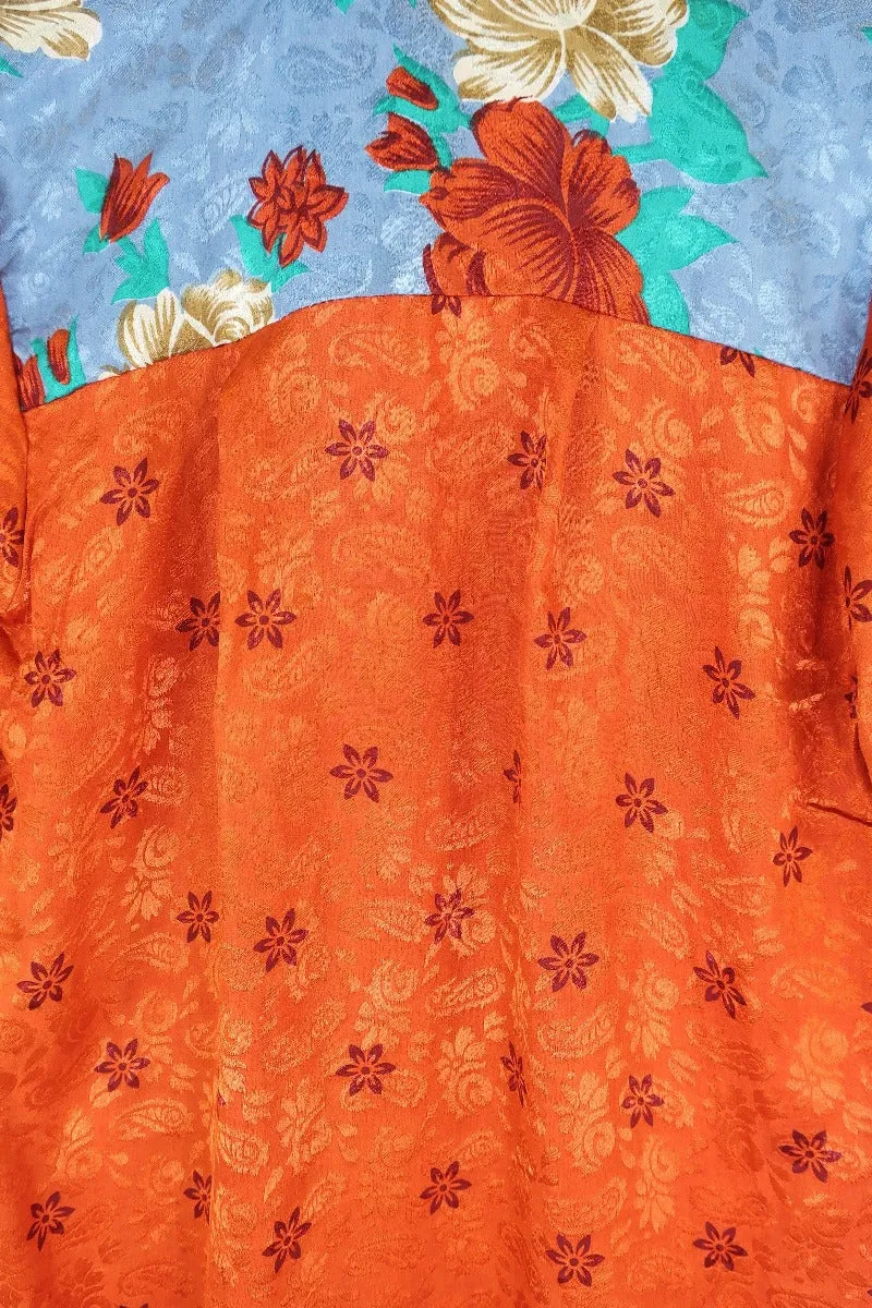 Bonnie Shirt Dress - Vintage Indian Sari - Copper Red Shimmer Floral (M/L)