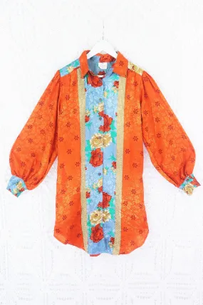 Bonnie Shirt Dress - Vintage Indian Sari - Copper Red Shimmer Floral (M/L)