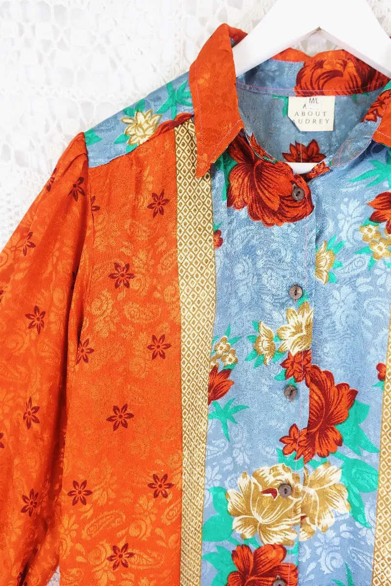 Bonnie Shirt Dress - Vintage Indian Sari - Copper Red Shimmer Floral (M/L)