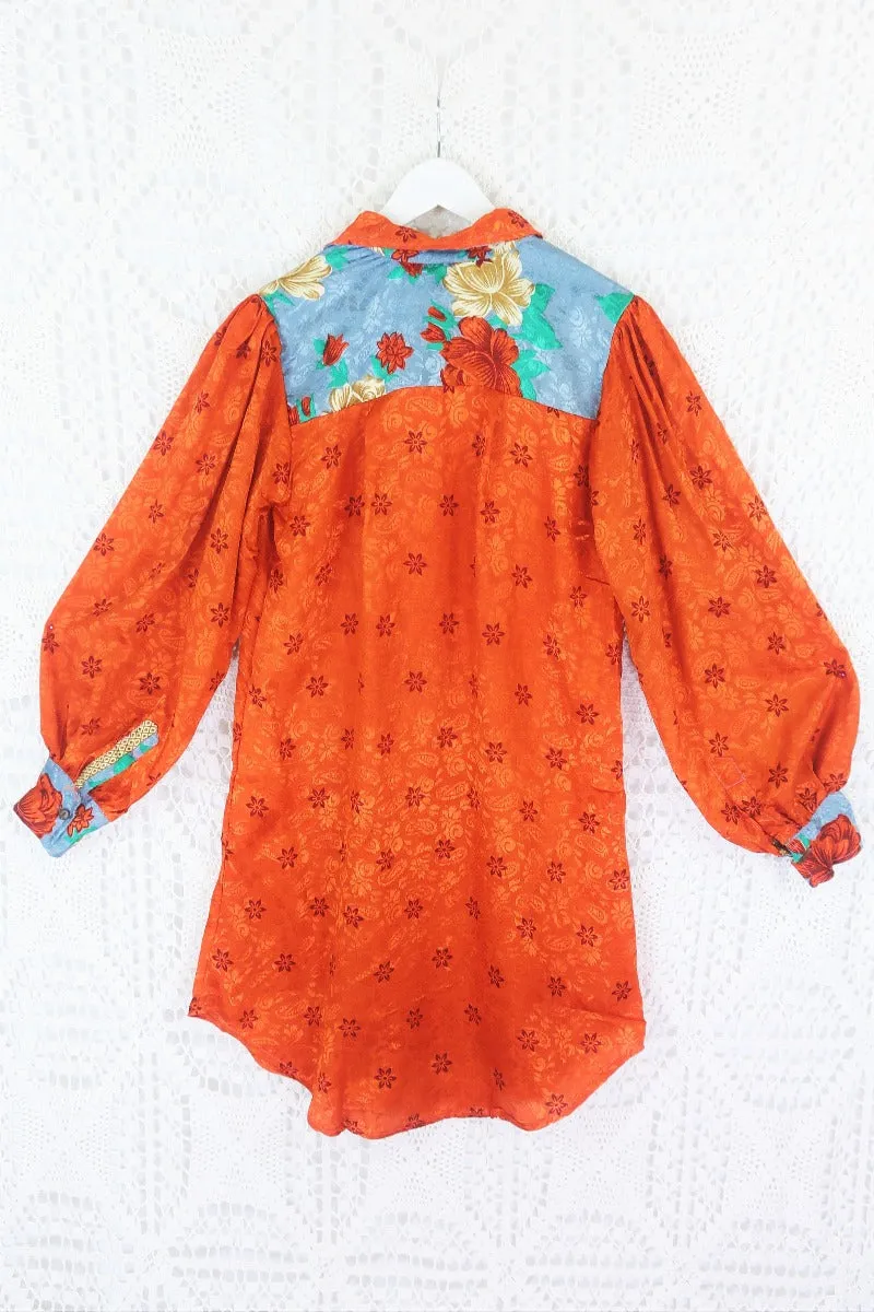 Bonnie Shirt Dress - Vintage Indian Sari - Copper Red Shimmer Floral (M/L)
