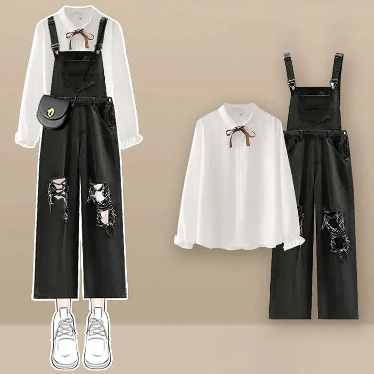 Bowknot Lapel Shirt Ripped Denim Overalls Pants Two Piece Set