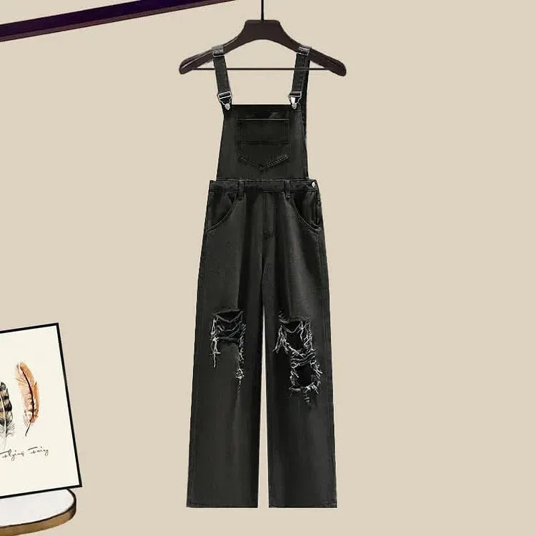 Bowknot Lapel Shirt Ripped Denim Overalls Pants Two Piece Set