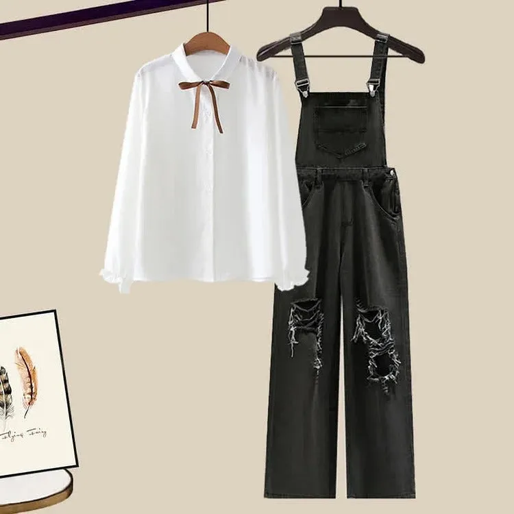 Bowknot Lapel Shirt Ripped Denim Overalls Pants Two Piece Set