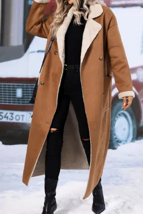 Brown Sherpa Lining Suede Long Winter Outfuts Coat