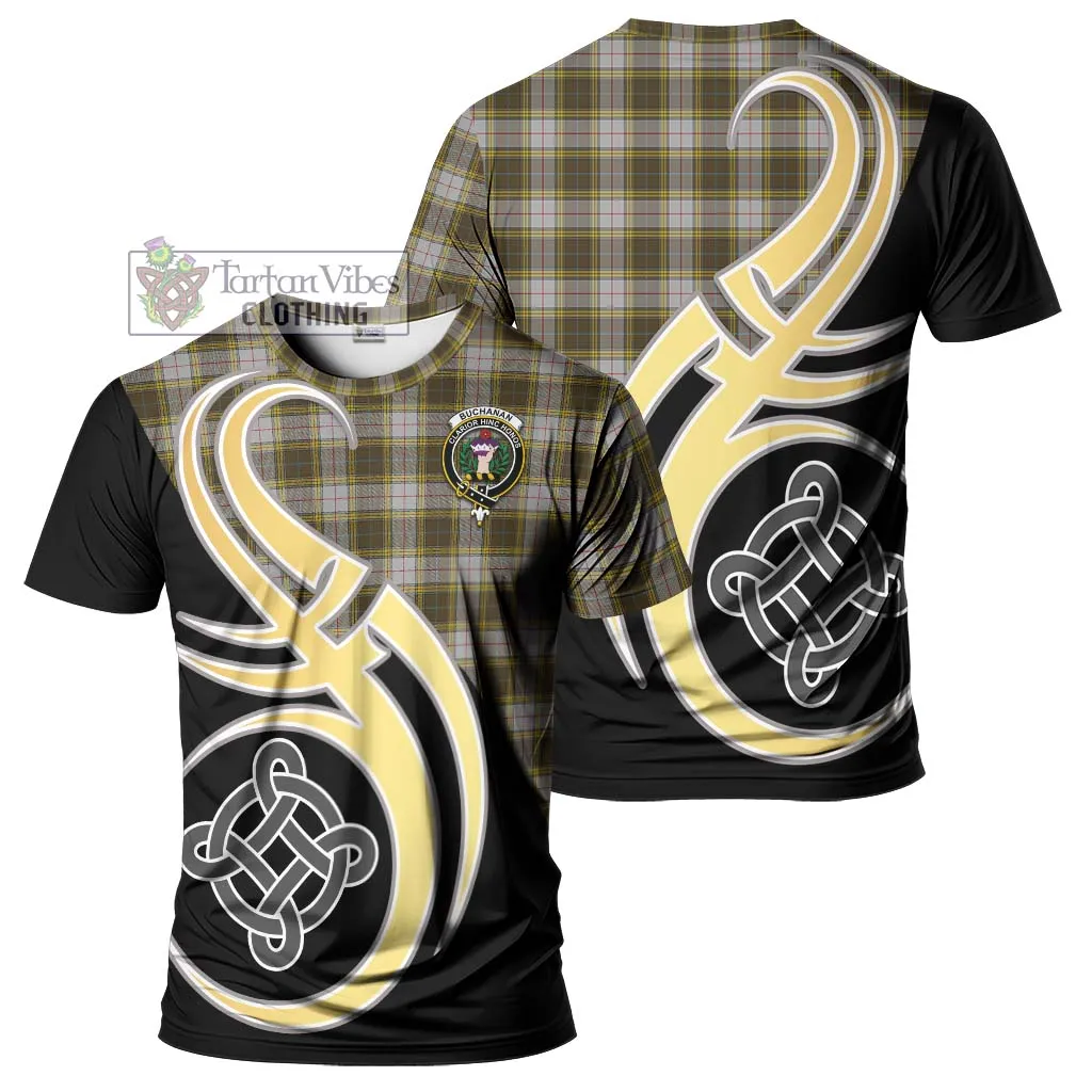 Buchanan Dress Tartan T-Shirt with Family Crest and Celtic Symbol Style