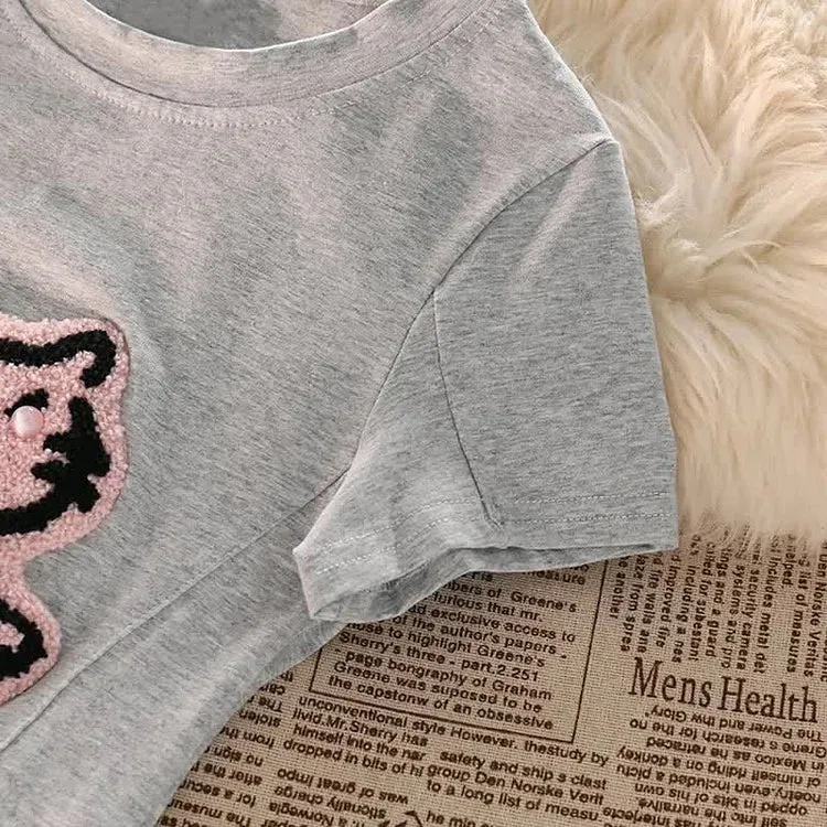Cartoon Tiger Embroidery Crop Top T-Shirt High Waist Denim Shorts