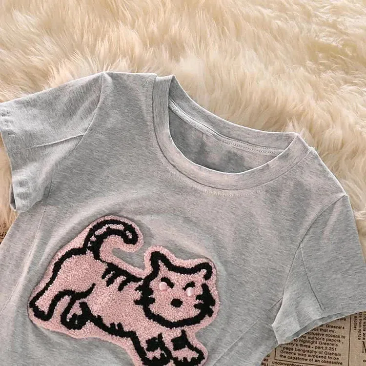 Cartoon Tiger Embroidery Crop Top T-Shirt High Waist Denim Shorts