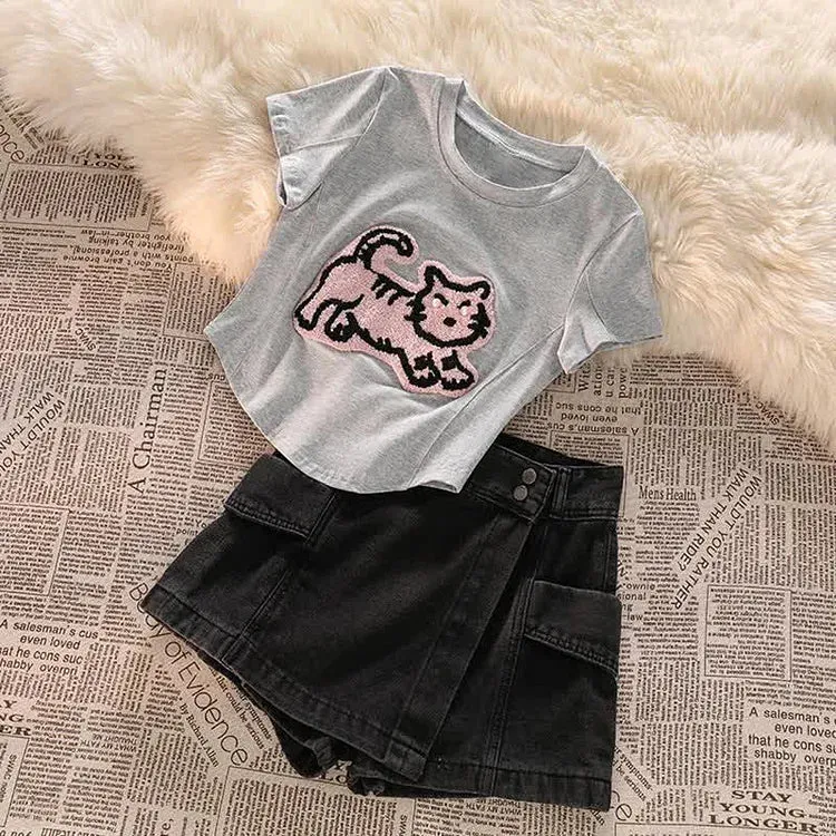 Cartoon Tiger Embroidery Crop Top T-Shirt High Waist Denim Shorts