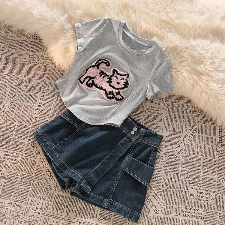 Cartoon Tiger Embroidery Crop Top T-Shirt High Waist Denim Shorts