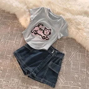 Cartoon Tiger Embroidery Crop Top T-Shirt High Waist Denim Shorts