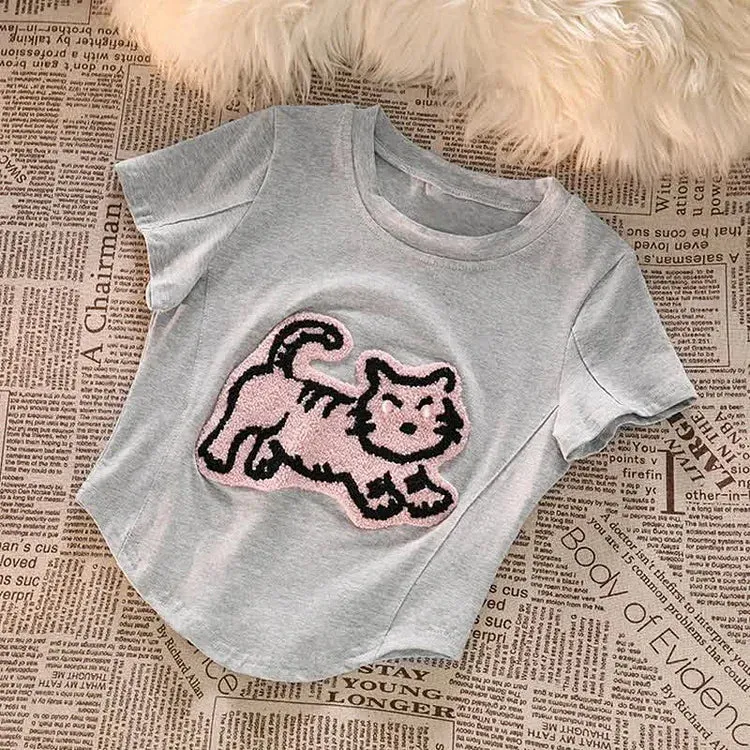 Cartoon Tiger Embroidery Crop Top T-Shirt High Waist Denim Shorts