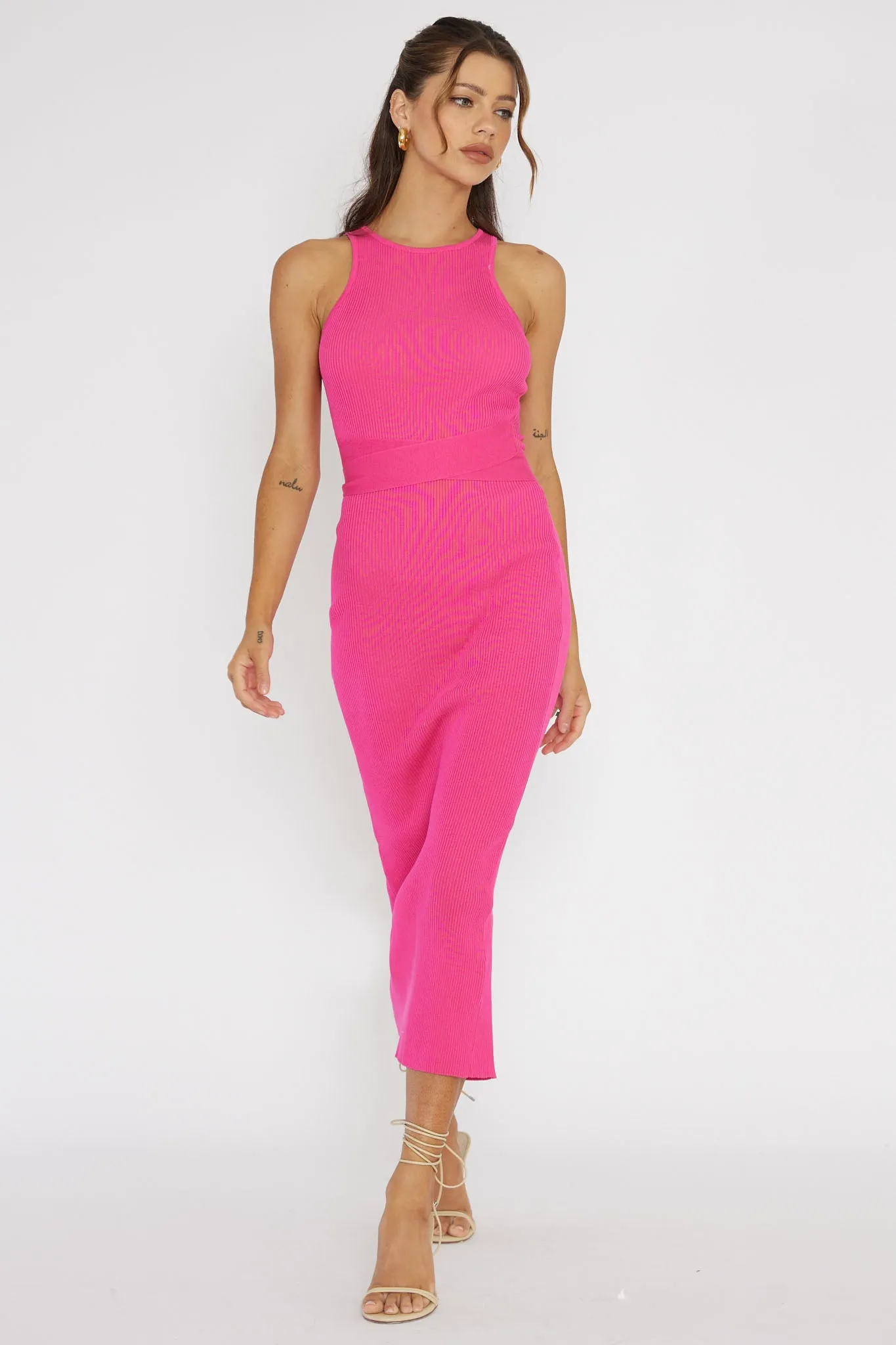 Charmed Me Ribbed Knit Midi Dress Hot Pink