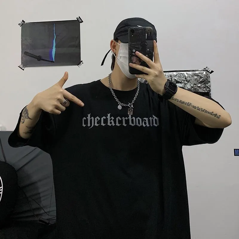 Checkerboard Print Grunge Oversized T-Shirt