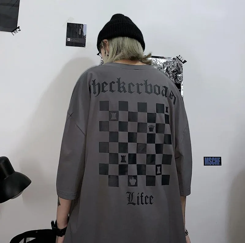 Checkerboard Print Grunge Oversized T-Shirt