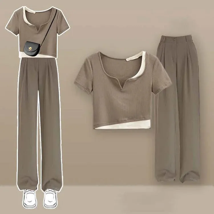 Chic Colorblock Crop Top T-Shirt Casual Pants Two Piece Set
