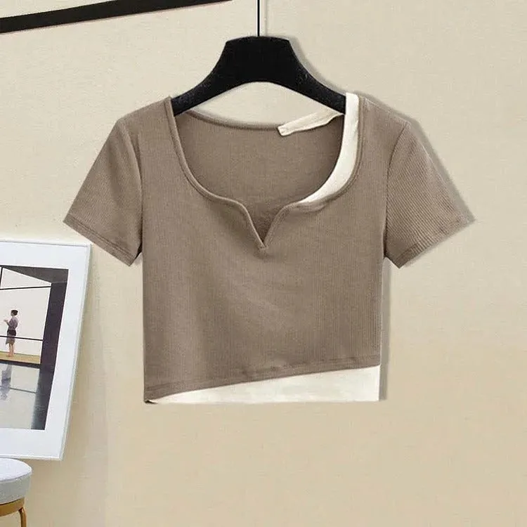 Chic Colorblock Crop Top T-Shirt Casual Pants Two Piece Set