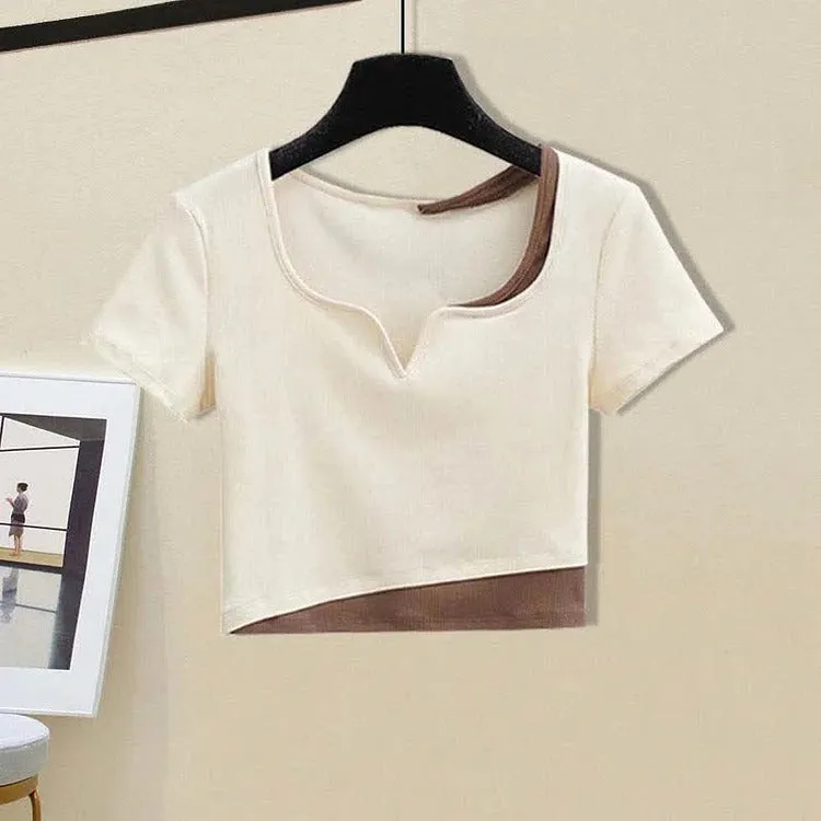 Chic Colorblock Crop Top T-Shirt Casual Pants Two Piece Set