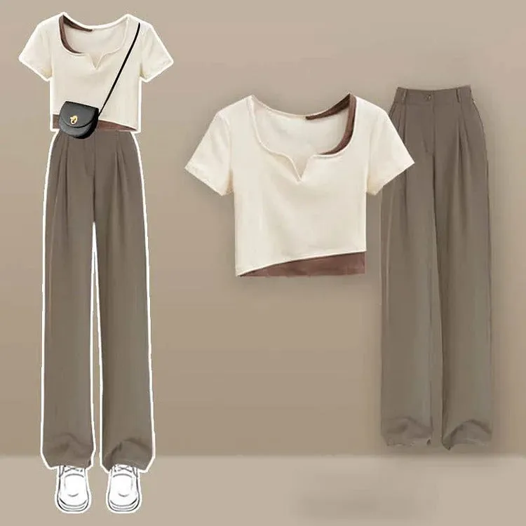 Chic Colorblock Crop Top T-Shirt Casual Pants Two Piece Set