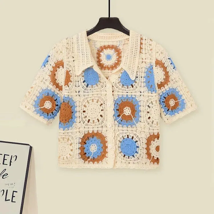 Chic Crochet Hollow Shirt Fringed Split Denim Pants Two Piece Set