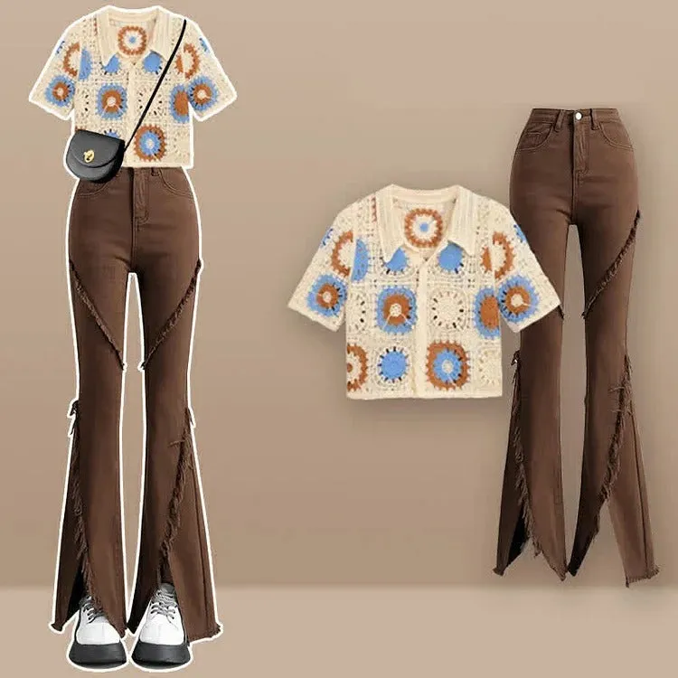 Chic Crochet Hollow Shirt Fringed Split Denim Pants Two Piece Set