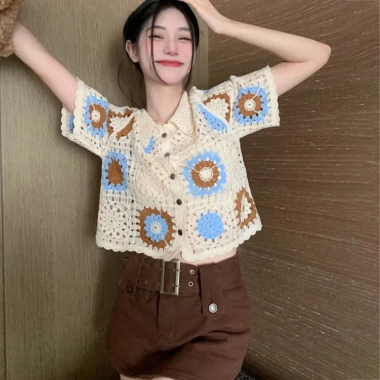 Chic Crochet Hollow Shirt Fringed Split Denim Pants Two Piece Set
