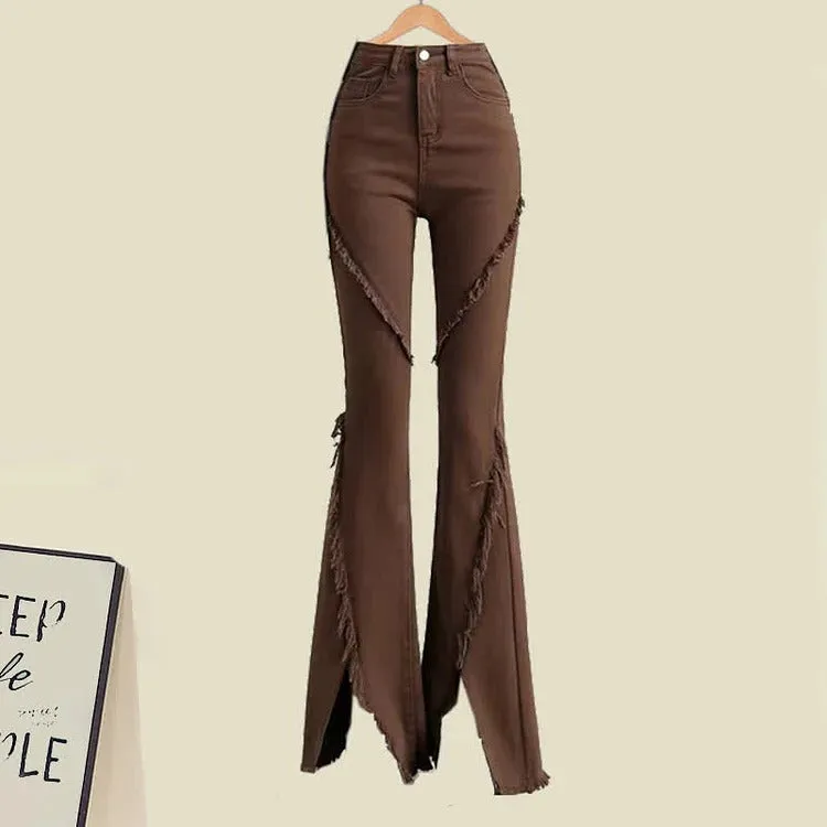 Chic Crochet Hollow Shirt Fringed Split Denim Pants Two Piece Set