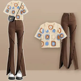 Chic Crochet Hollow Shirt Fringed Split Denim Pants Two Piece Set