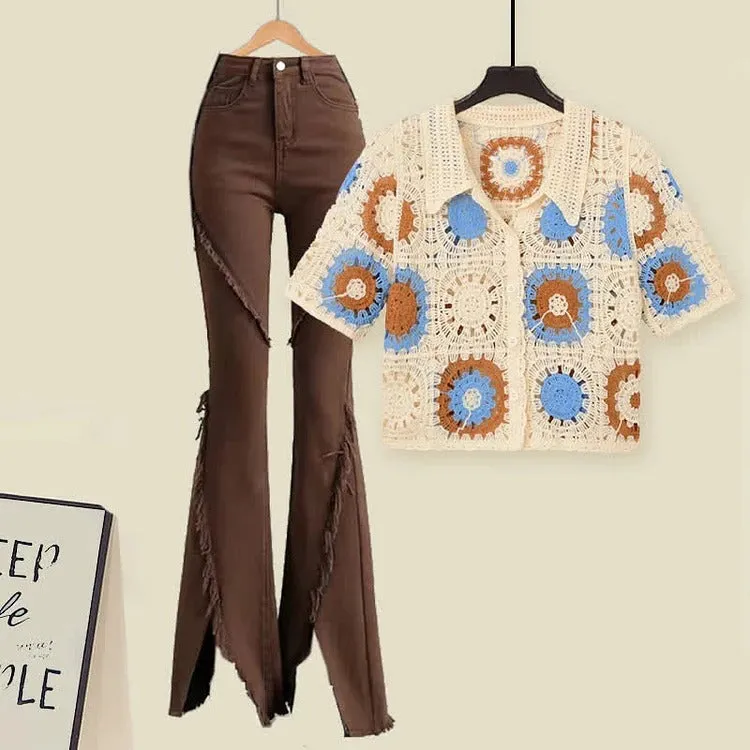 Chic Crochet Hollow Shirt Fringed Split Denim Pants Two Piece Set