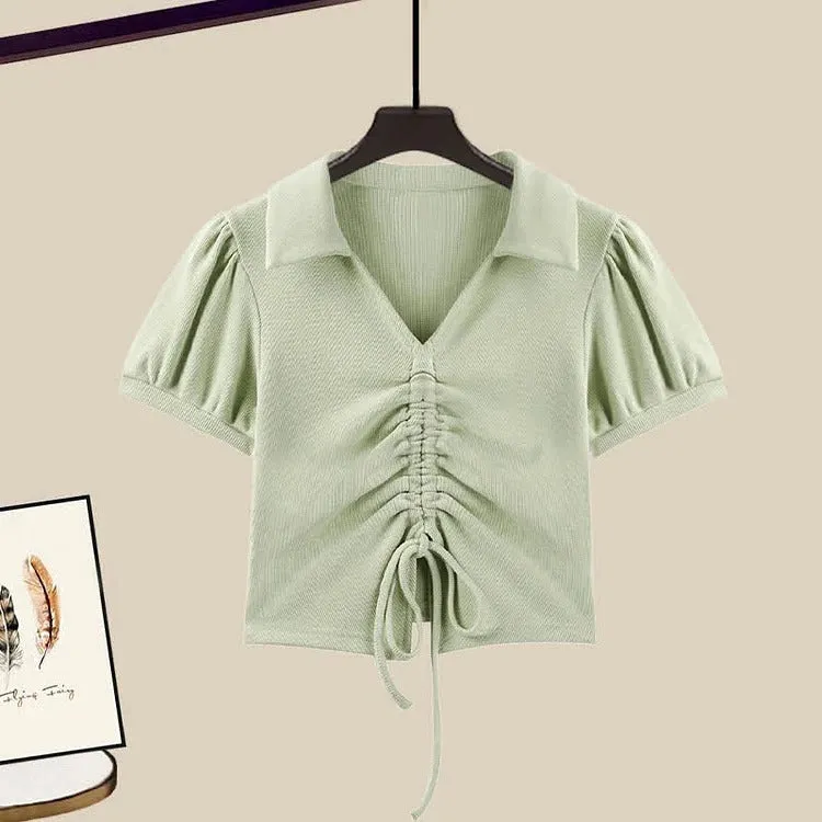 Chic Drawstring Crop Shirt Casual Pants Two Piece Set