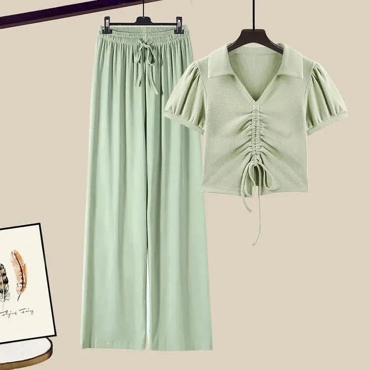 Chic Drawstring Crop Shirt Casual Pants Two Piece Set